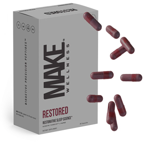 Restorative sleep for deeper rest with MAKE Wellness Restored. Lower nighttime cortisol, detoxify the mind, enhance deep and REM sleep cycles for better next-day performance.

RESTORED is a peptide-powered sleep system built on NeuroSync Technology. It restores your body’s natural rhythm —enhancing deep + REM sleep cycles for true recovery and next-day performance.

REBALANCE Regulate nighttime cortisol to help you rebalance.
REPAIR Improve deep and REM sleep where repair and restoration take place.
RISE Wake up energized, focused, and clear.

30 Day Supply