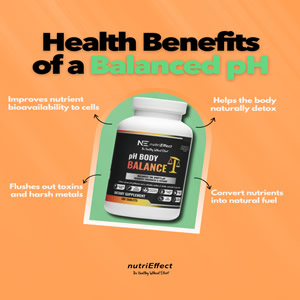 nutriEffect pH Body Balance Tablets -  acid-base balance, vital for health. It supports metabolism, detoxifies the body, improves nutrient absorption, boosts cellular function, and increases energy.