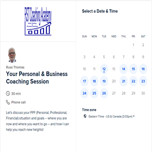 Schedule a FREE no obligation 30 minute call with Russ Thomas, a Grant Cardone 10X Certified Business Coach.  He can help you get on the right track to Make More Money.